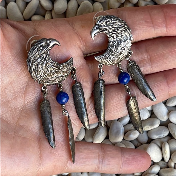 native American vintage sterling Silver Blue stone Eagle Dangle Earrings